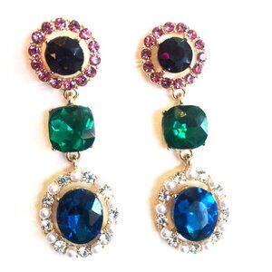 MONET Triple Drop Luxe Crystal Diamond Pearl PInk Blue Green Cocktail Earrings